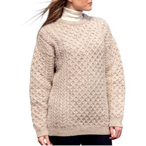 NWT Aran Mor Irelend Merino wool oatmeal crew neck chunky knit sweater XL
